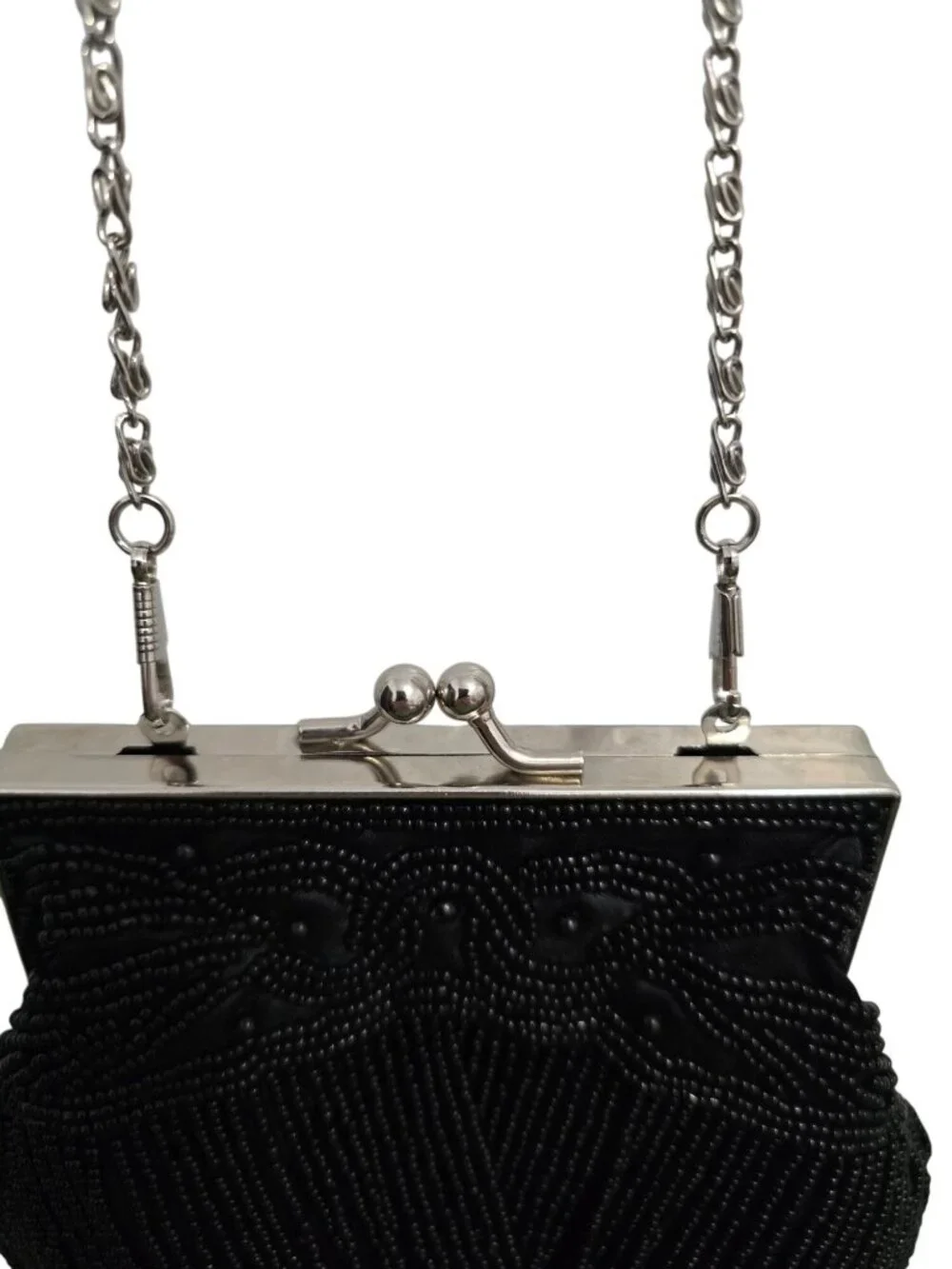 Vintage Bijoux Terner Kiss Lock Beaded Black Evening Clutch Purse Chain 5